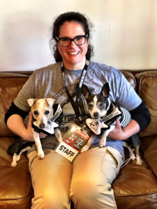 Laura Jesseph, Rock for the Rescues project manager, with Lucy and Holly in the green room.